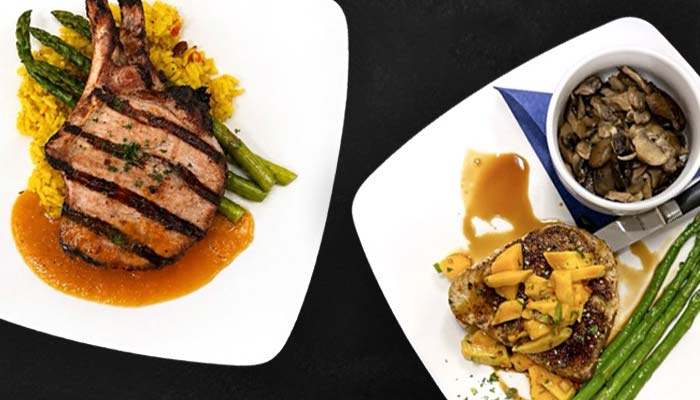 Two plates with grilled meat and veggies at Augie’s, the top steakhouse in Outdoor Dining Prescott.
