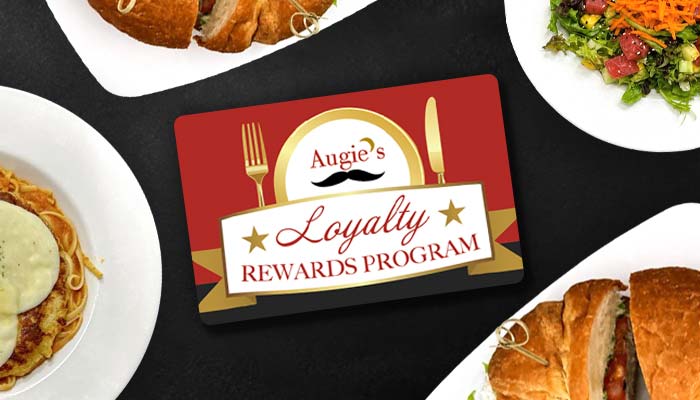Augie’s Loyalty Rewards Program card showcased with signature dishes at this top Prescott steakhouse.