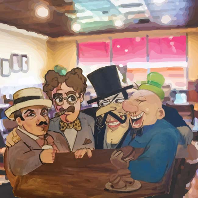 Four cartoon men in suits laugh together at a table in Augie’s lively cocktail lounge.